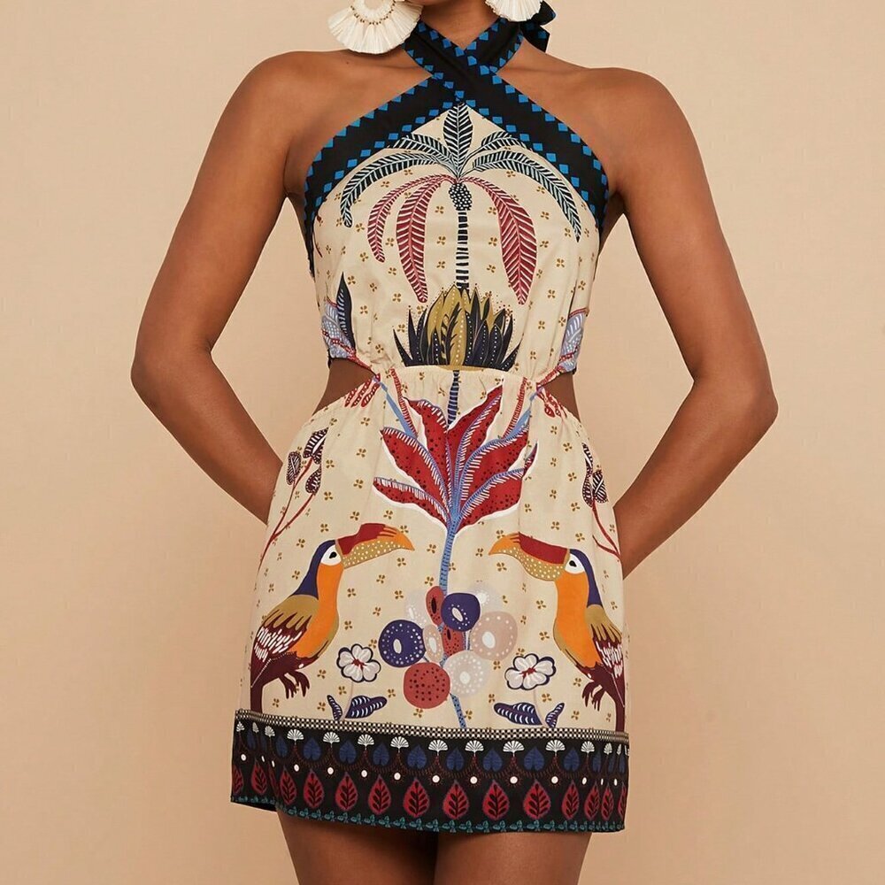 Multicolor Boho Women's Vacation Floral Print Short Halter Neck Casual Dress - Picture 1 of 5